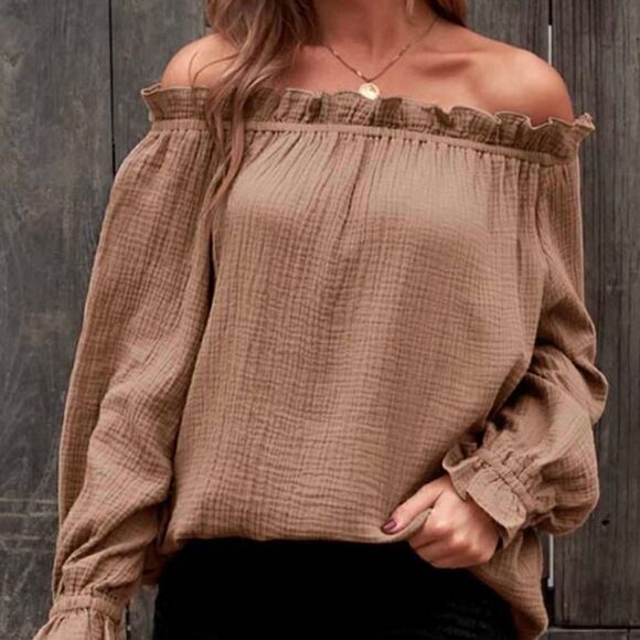 67. Ruffle hem off shoulder blouse green, black, or tan - Picture 5 of 5